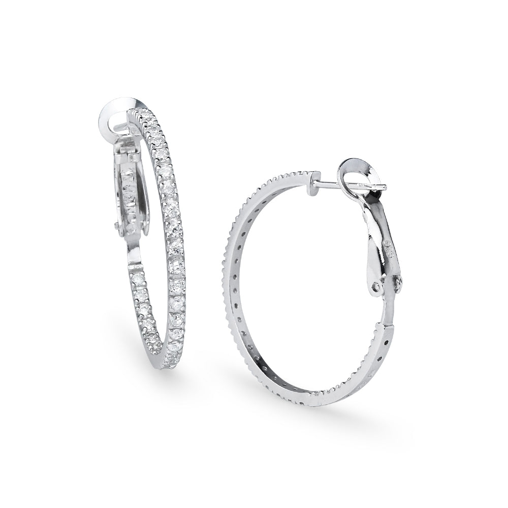 Sterling Silver Cubic Zirconia Inside Out 2x30mm Clutchless Round Hoop Earrings-3