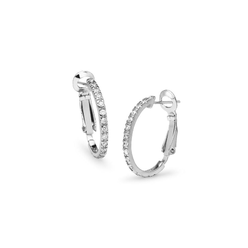Sterling Silver Cubic Zirconia Inside Out 2x20mm Clutchless Half-Oval Hoop Earrings-2