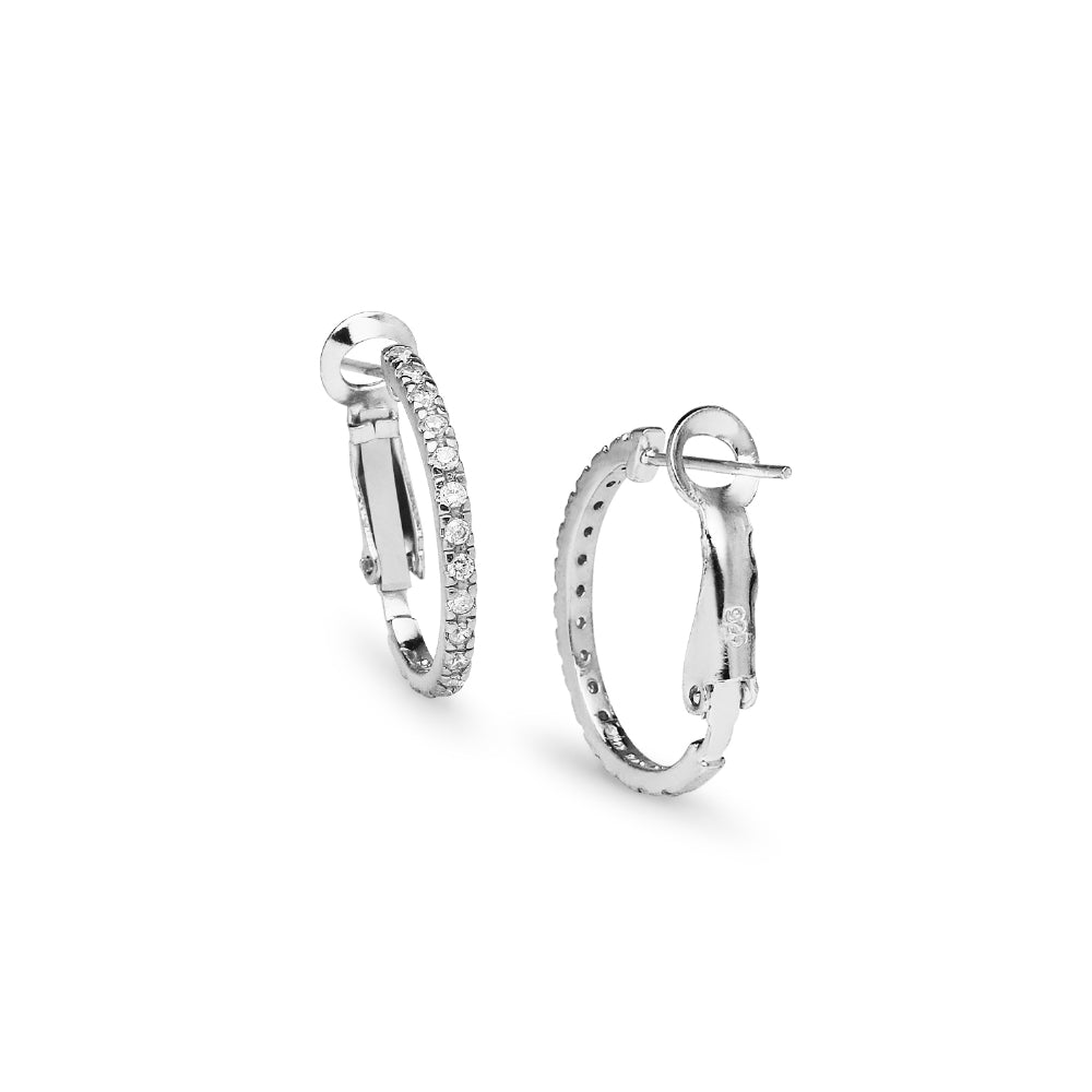 Sterling Silver Cubic Zirconia Inside Out 2x20mm Clutchless Half-Oval Hoop Earrings-3