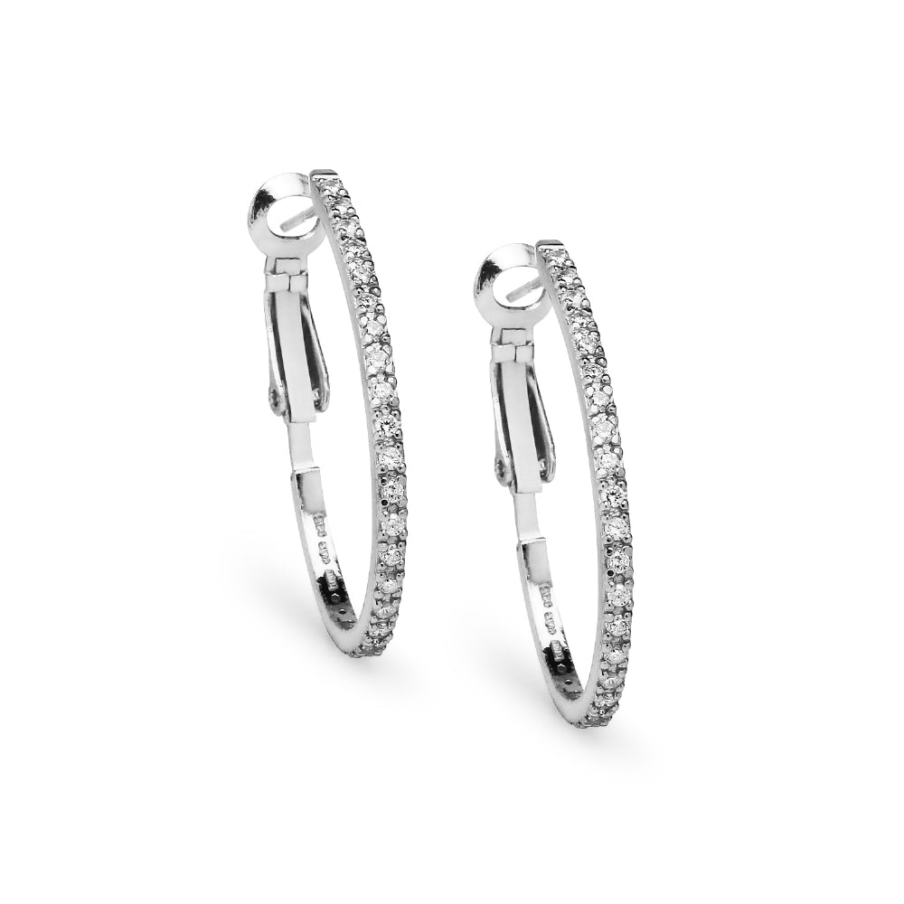 Sterling Silver Cubic Zirconia 33mm Clutchless Oval Hoop Earrings