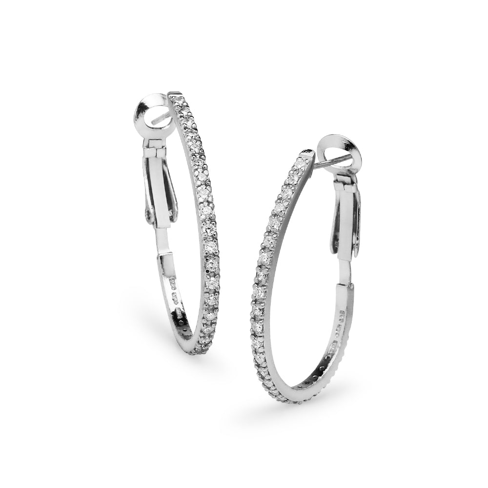 Sterling Silver Cubic Zirconia 33mm Clutchless Oval Hoop Earrings-2