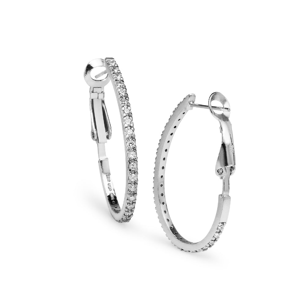 Sterling Silver Cubic Zirconia 33mm Clutchless Oval Hoop Earrings-3