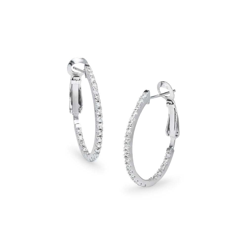 Sterling Silver Cubic Zirconia 28mm Clutchless Oval Hoop Earrings-2