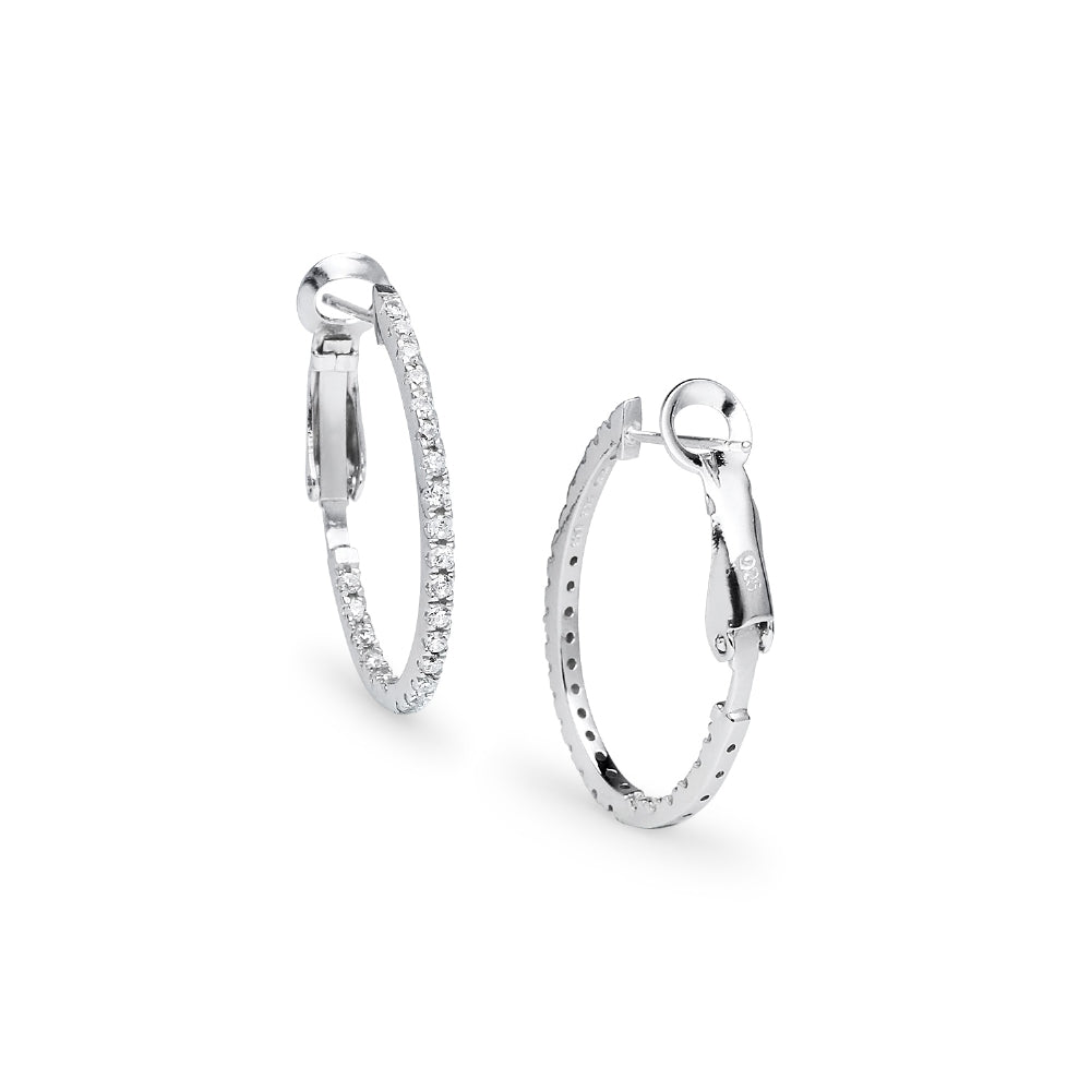 Sterling Silver Cubic Zirconia 28mm Clutchless Oval Hoop Earrings-3