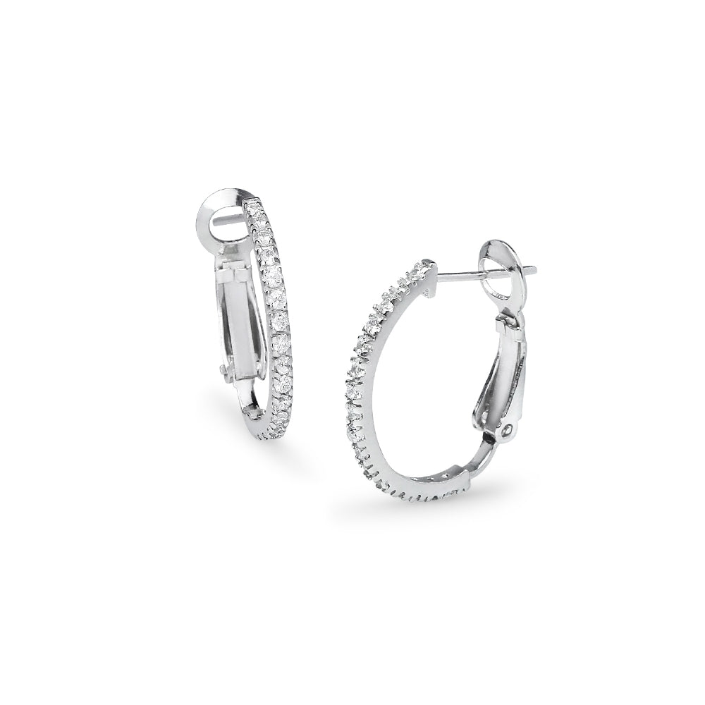 Sterling Silver Cubic Zirconia 21mm Clutchless Oval Hoop Earrings-2