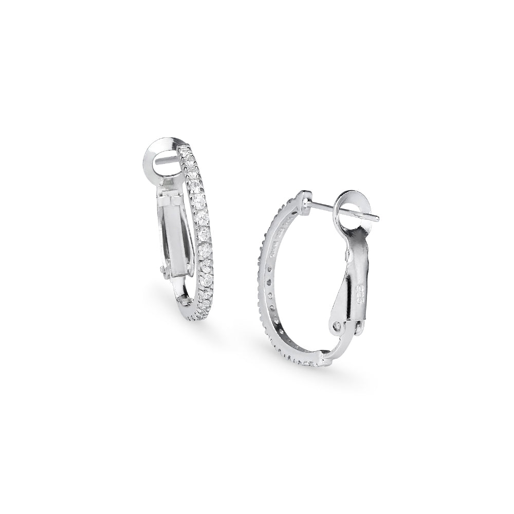 Sterling Silver Cubic Zirconia 21mm Clutchless Oval Hoop Earrings-3