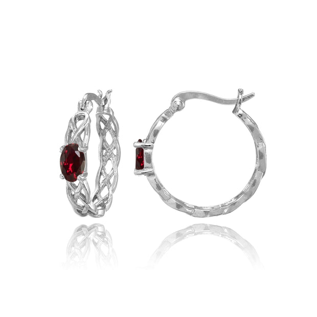 Sterling Silver Created Ruby Celtic Knot Round Hoop Earrings