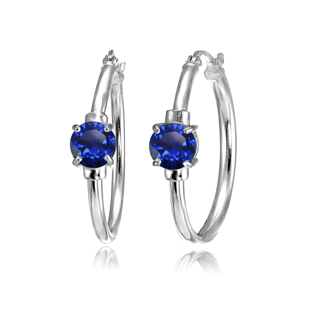 Sterling Silver Created Blue Sapphire Solitaire 25mm Hoop Earrings
