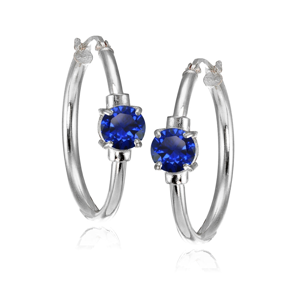 Sterling Silver Created Blue Sapphire Solitaire 25mm Hoop Earrings-3