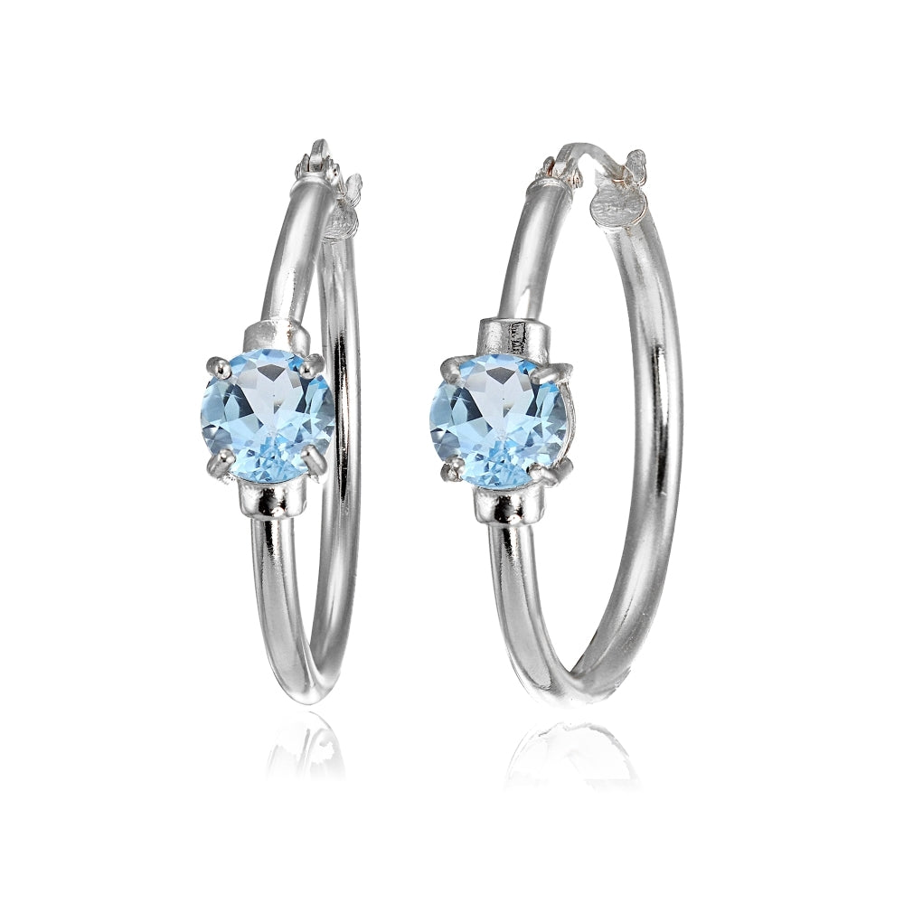 Sterling Silver Blue Topaz Solitaire 25mm Hoop Earrings