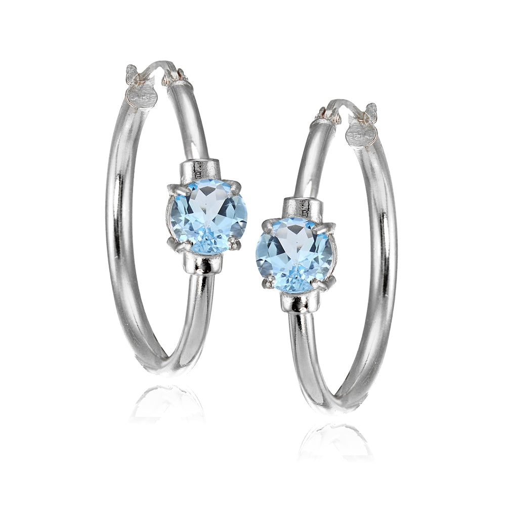 Sterling Silver Blue Topaz Solitaire 25mm Hoop Earrings-3
