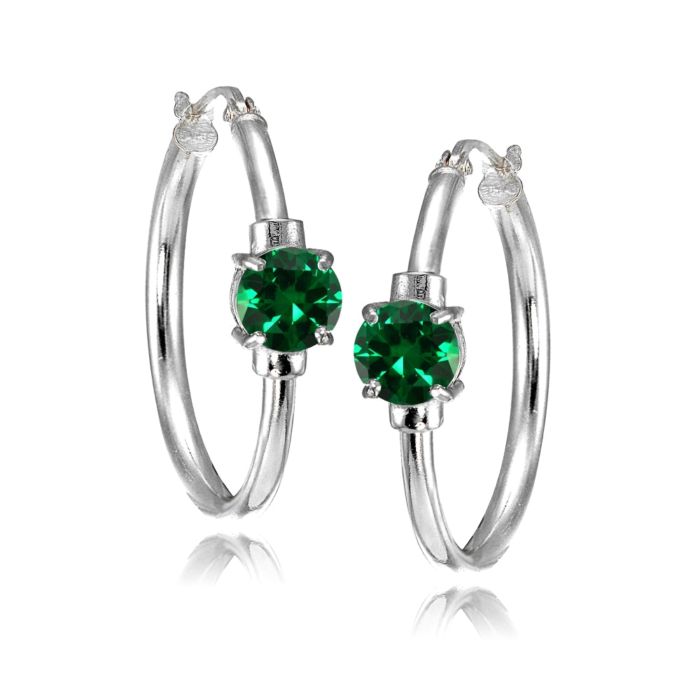 Sterling Silver Simulated Emerald Solitaire 25mm Hoop Earrings-3