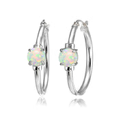 Sterling Silver Created White Opal Solitaire 25mm Hoop Earrings