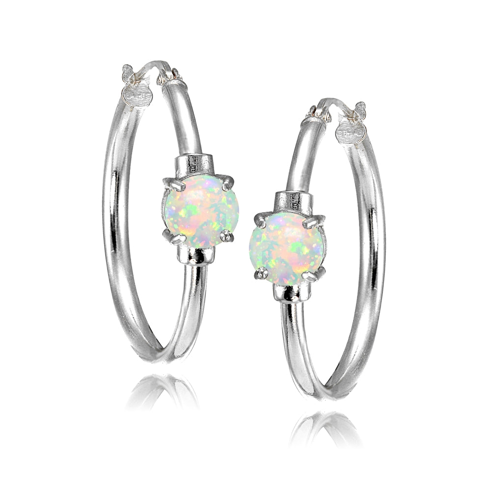 Sterling Silver Created White Opal Solitaire 25mm Hoop Earrings-3