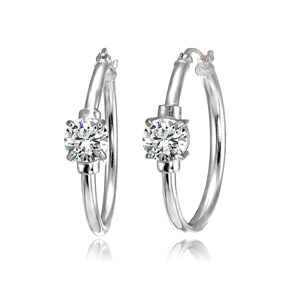 Sterling Silver Cubic Zirconia Solitaire 25mm Hoop Earrings