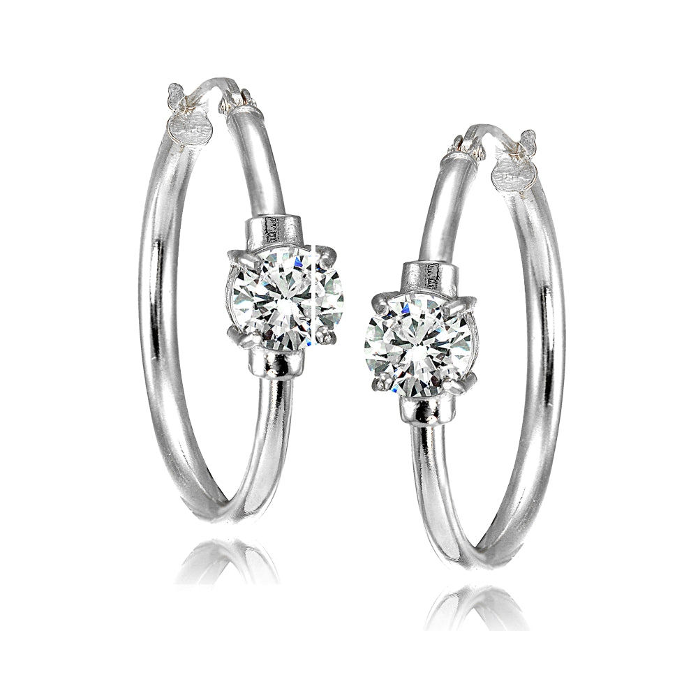 Sterling Silver Cubic Zirconia Solitaire 25mm Hoop Earrings-3
