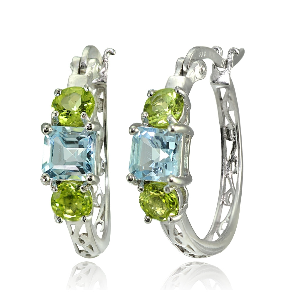 Sterling Silver Blue Topaz and Peridot Three-Stone Filigree Hoop Earrings