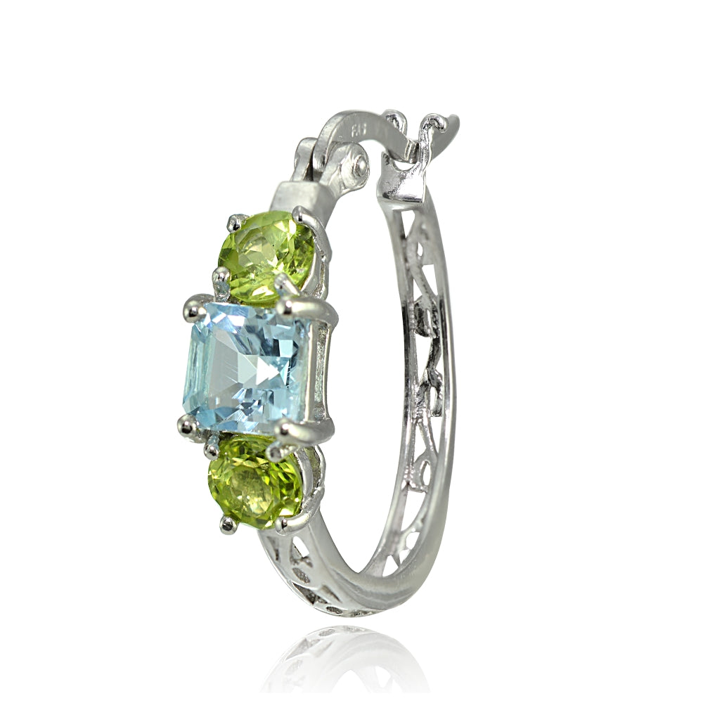 Sterling Silver Blue Topaz and Peridot Three-Stone Filigree Hoop Earrings-3