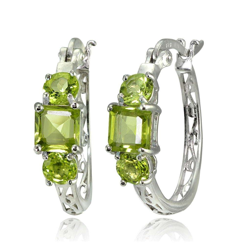 Sterling Silver Peridot Three-Stone Filigree Hoop Earrings