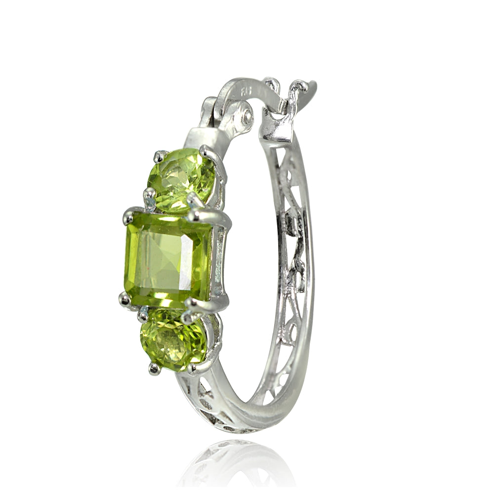 Sterling Silver Peridot Three-Stone Filigree Hoop Earrings-3