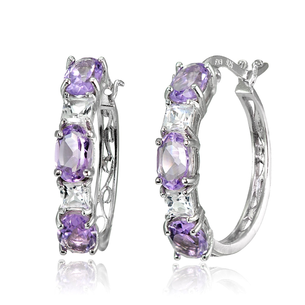 Sterling Silver 6x4mm Oval Amethyst & Princess-cut White Topaz Filigree Hoop Earrings