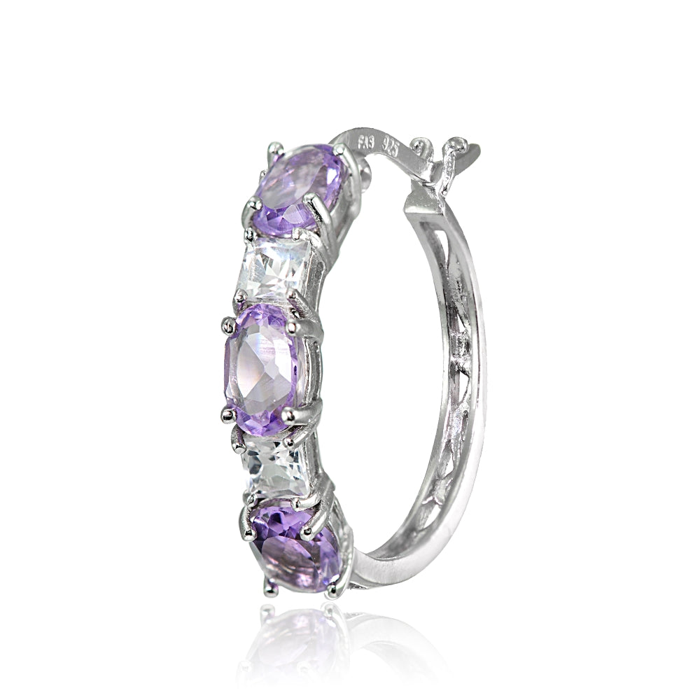 Sterling Silver 6x4mm Oval Amethyst & Princess-cut White Topaz Filigree Hoop Earrings-3