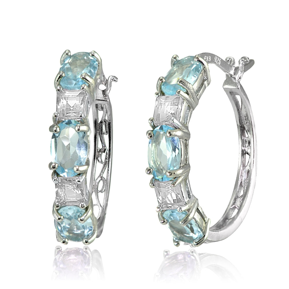 Sterling Silver 6x4mm Oval Blue & Princess-cut White Topaz Filigree Hoop Earrings