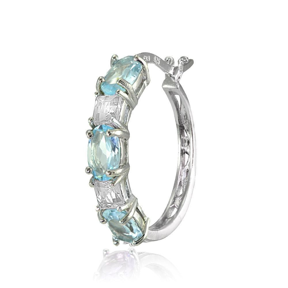 Sterling Silver 6x4mm Oval Blue & Princess-cut White Topaz Filigree Hoop Earrings-3