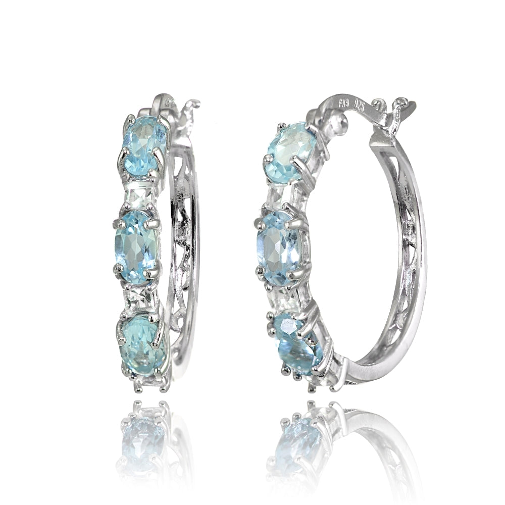 Sterling Silver 5x3mm Oval Blue Topaz & Princess-cut White Topaz Filigree Hoop Earrings