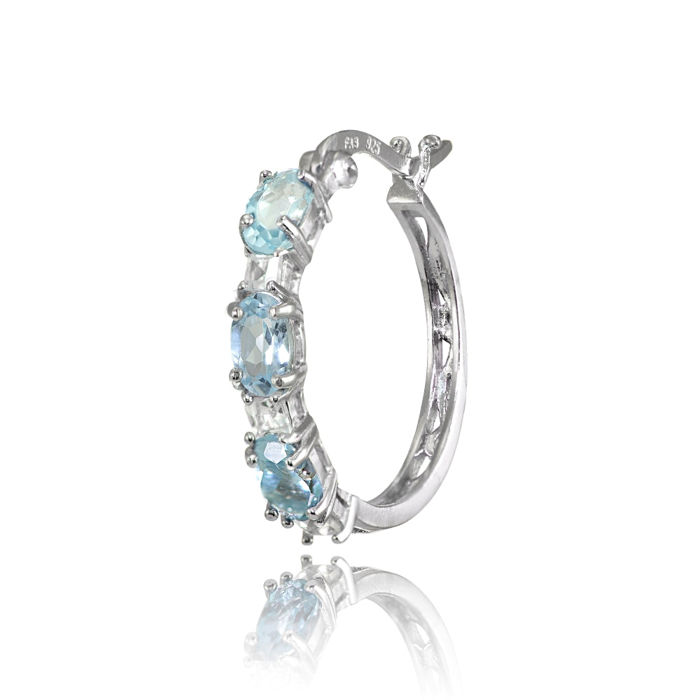 Sterling Silver 5x3mm Oval Blue Topaz & Princess-cut White Topaz Filigree Hoop Earrings-3