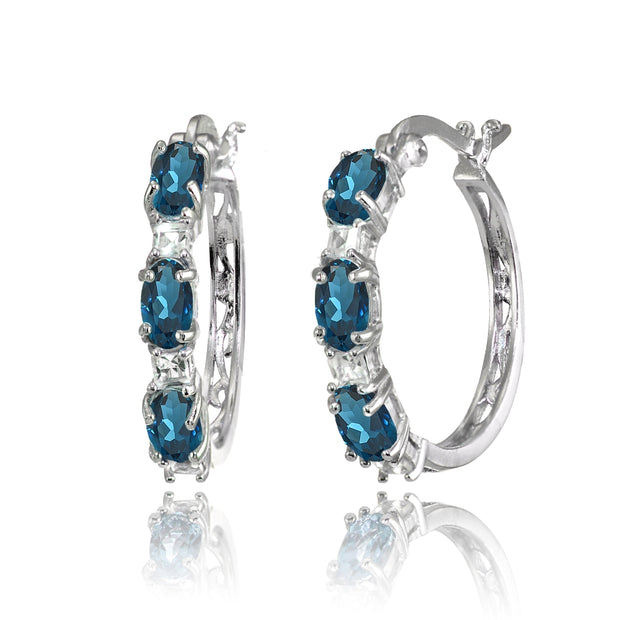 Sterling Silver Oval London Blue Topaz & Princess-cut White Topaz Filigree Hoop Earrings