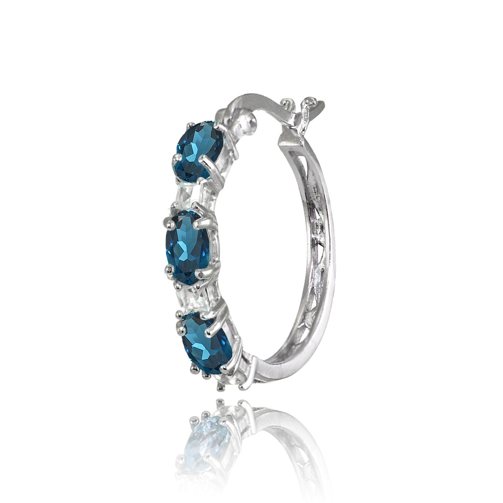 Sterling Silver Oval London Blue Topaz & Princess-cut White Topaz Filigree Hoop Earrings-2