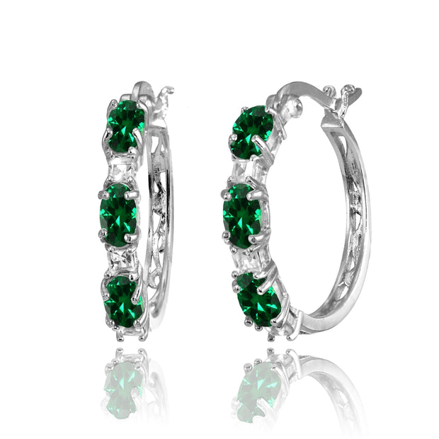 Sterling Silver Oval Created Emerald & Princess-cut White Topaz Filigree Hoop Earrings