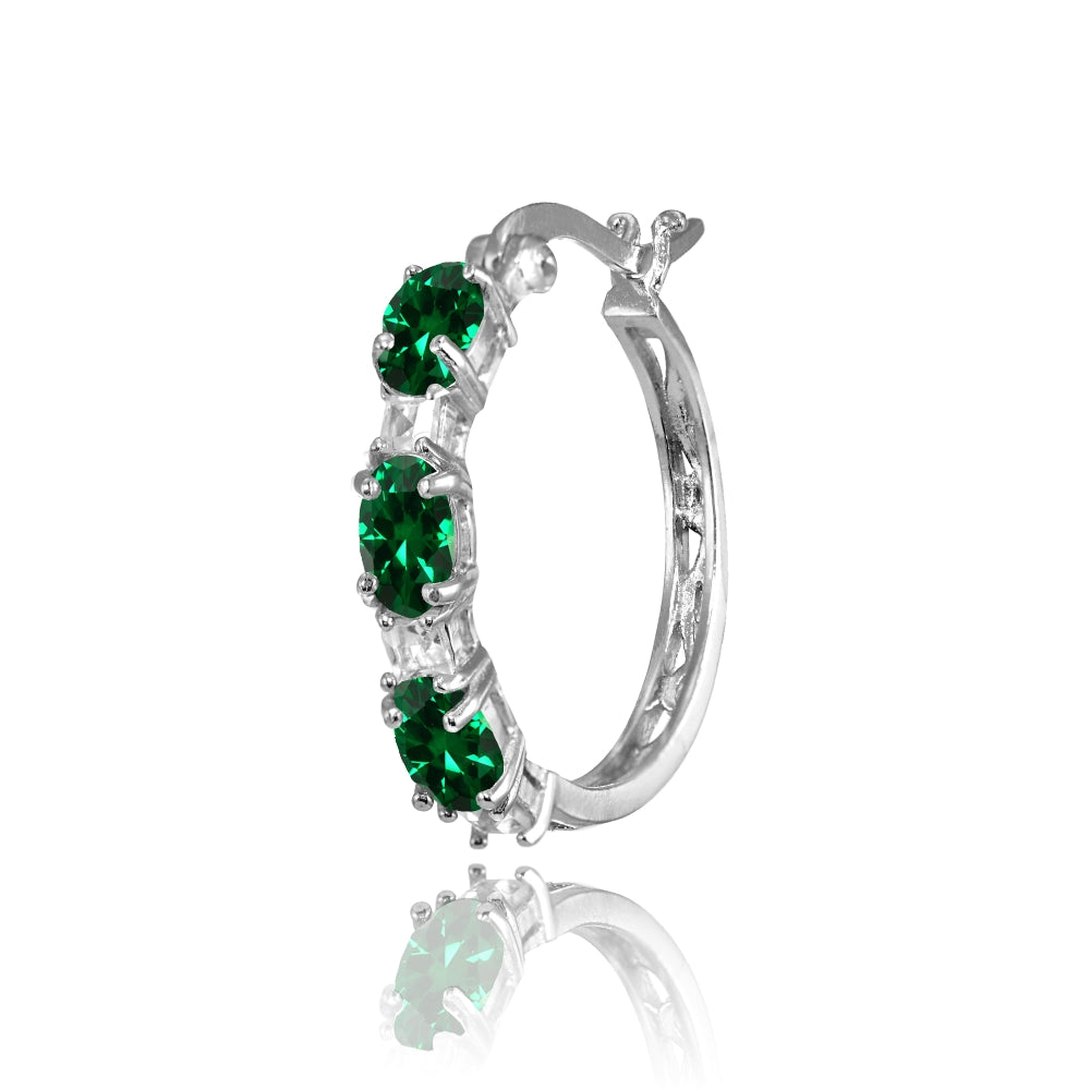 Sterling Silver Oval Created Emerald & Princess-cut White Topaz Filigree Hoop Earrings-2