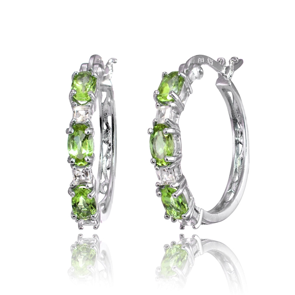 Sterling Silver 5x3mm Oval Peridot & Princess-cut White Topaz Filigree Hoop Earrings