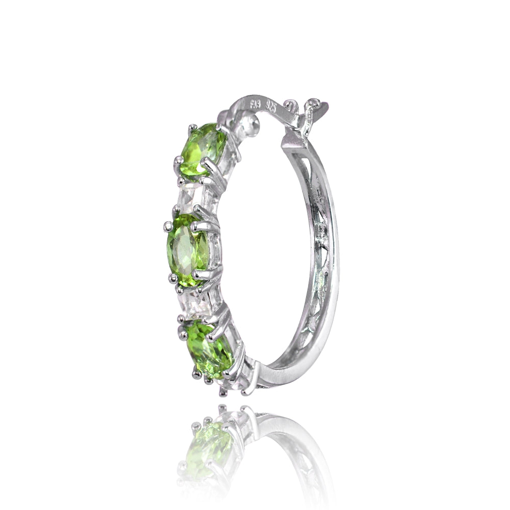 Sterling Silver 5x3mm Oval Peridot & Princess-cut White Topaz Filigree Hoop Earrings-3