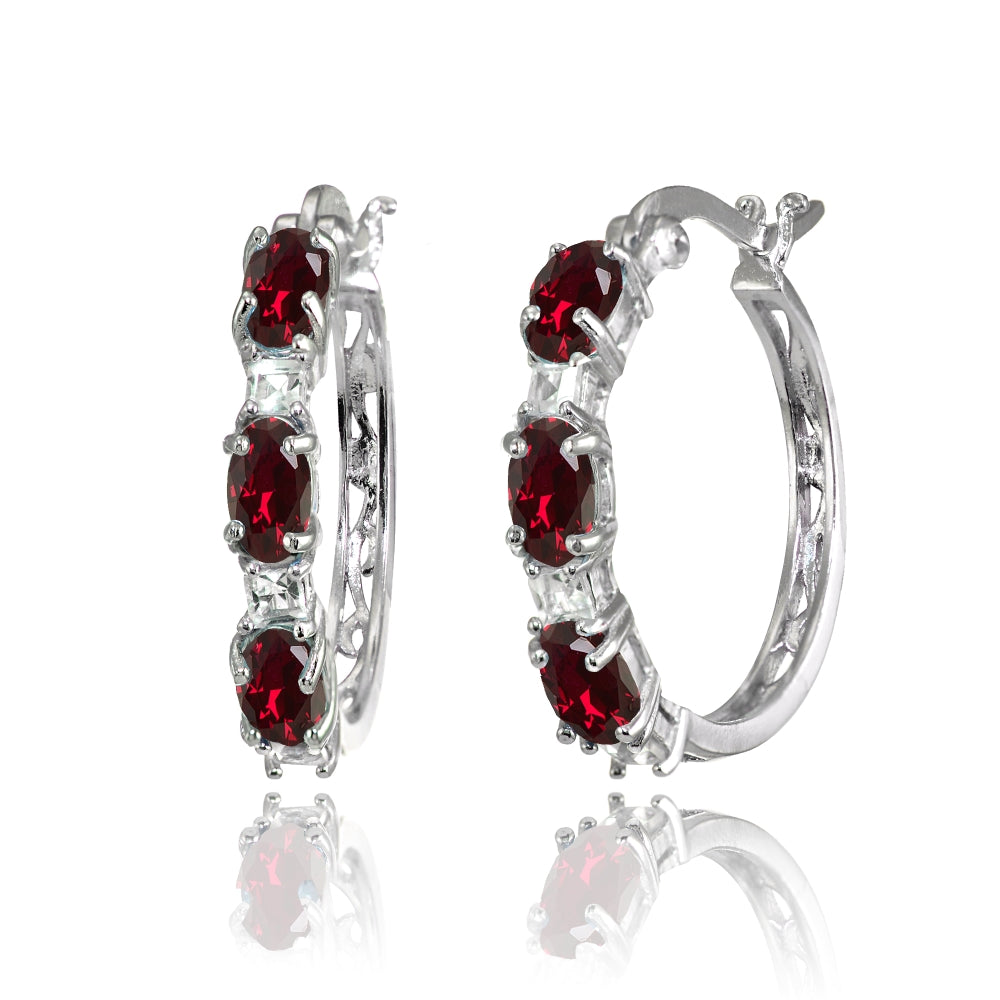 Sterling Silver Oval Created Ruby & Princess-cut White Topaz Filigree Hoop Earrings