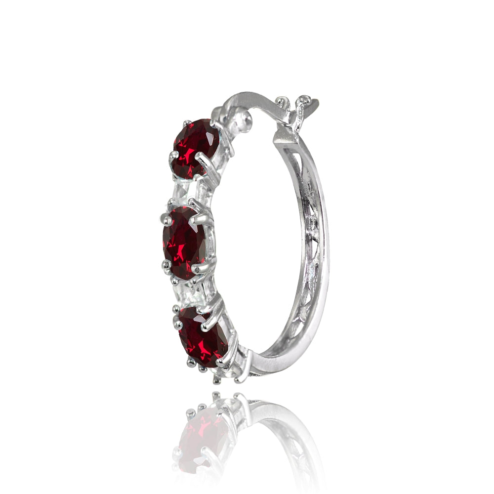 Sterling Silver Oval Created Ruby & Princess-cut White Topaz Filigree Hoop Earrings-2