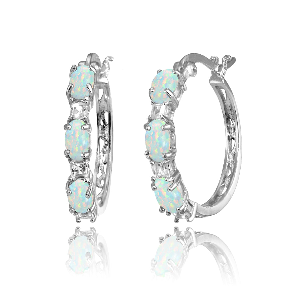 Sterling Silver Oval Created White Opal & Princess-cut White Topaz Filigree Hoop Earrings