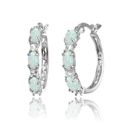 Sterling Silver Oval Created White Opal & Princess-cut White Topaz Filigree Hoop Earrings