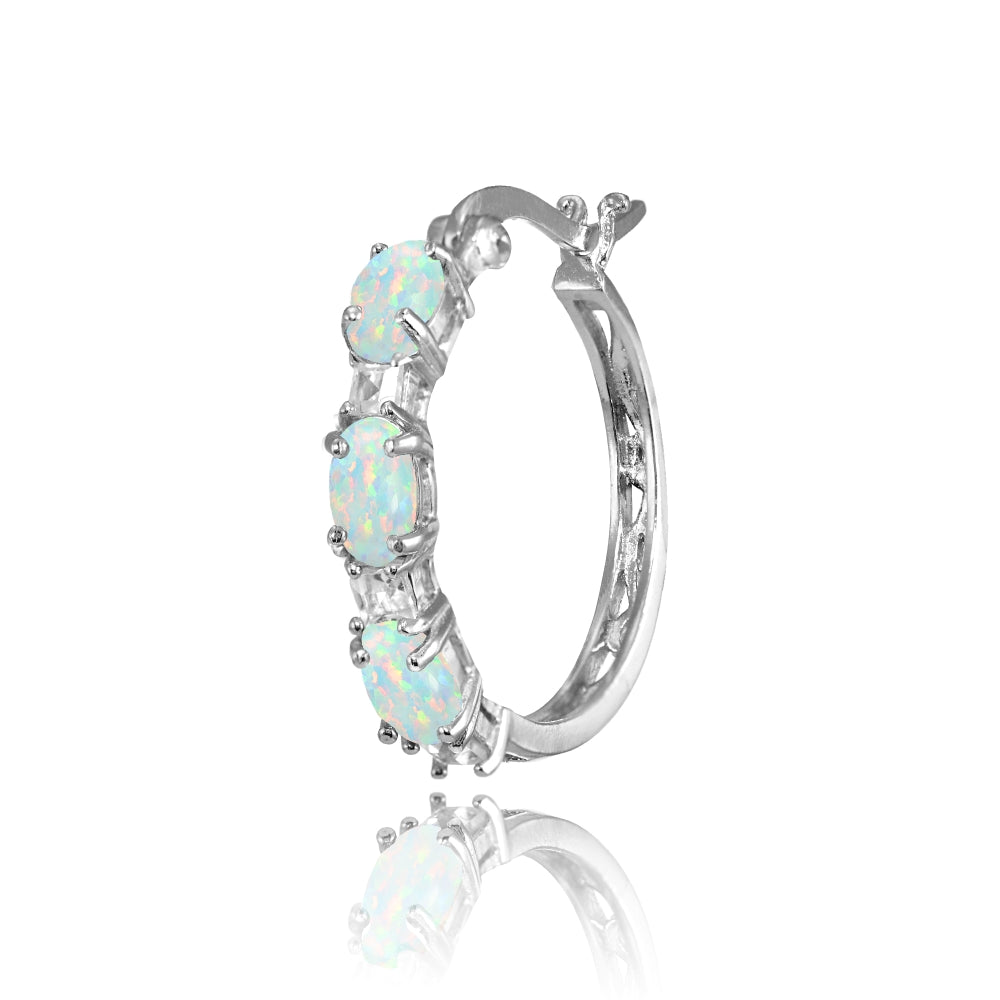 Sterling Silver Oval Created White Opal & Princess-cut White Topaz Filigree Hoop Earrings-2