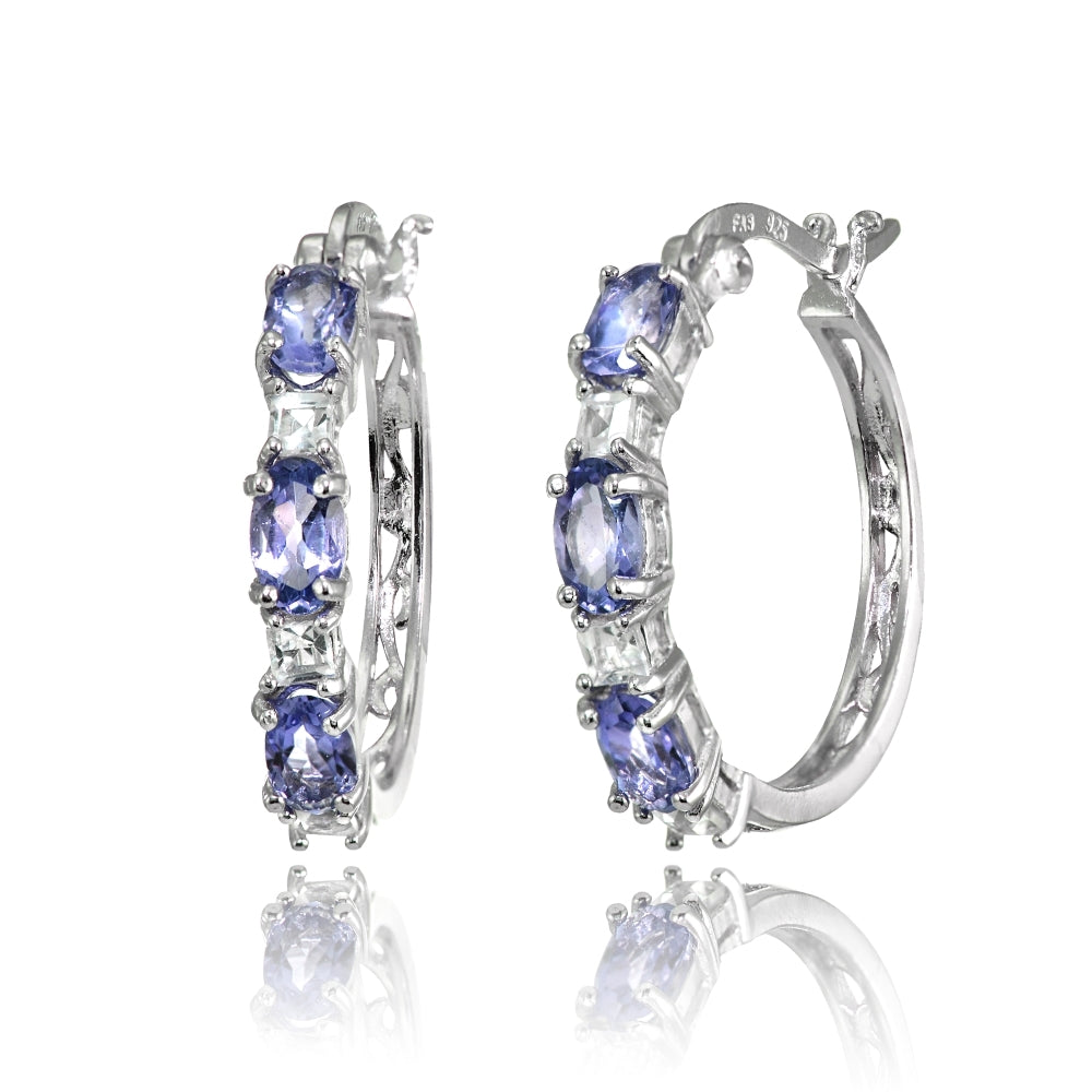 Sterling Silver 5x3mm Oval Tanzanite & Princess-cut White Topaz Filigree Hoop Earrings