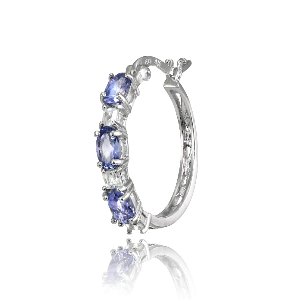 Sterling Silver 5x3mm Oval Tanzanite & Princess-cut White Topaz Filigree Hoop Earrings-3