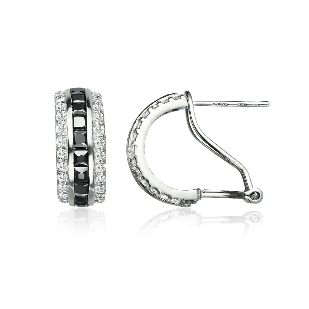 Sterling Silver Black Cubic Zirconia Channel-Set Half Hoop Earrings