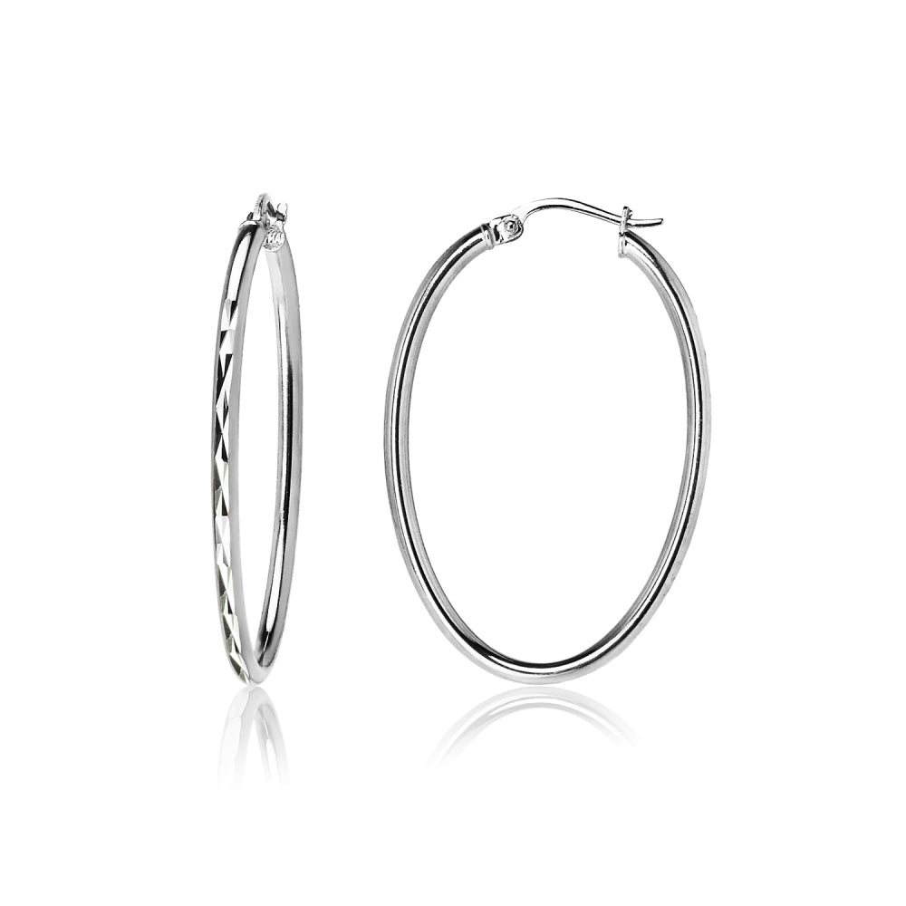 Sterling Silver 2x35mm Diamond-Cut Oval Hoop Earrings