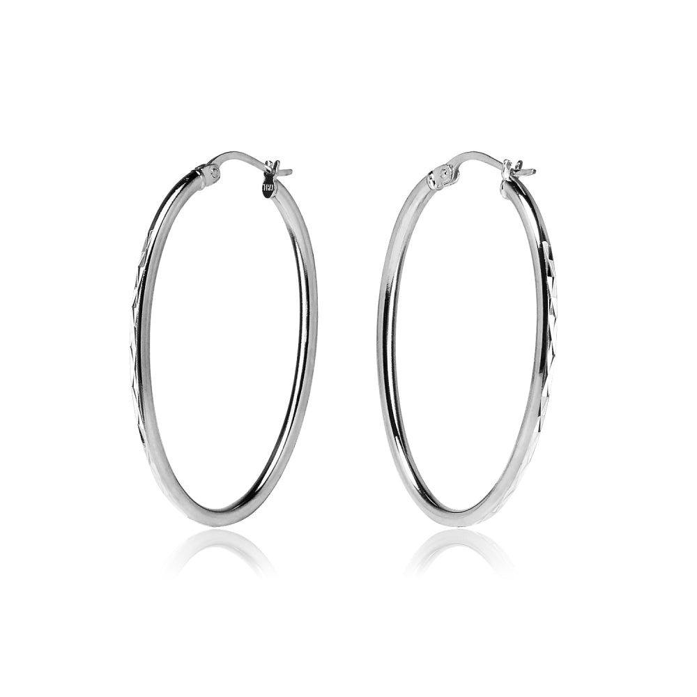 Sterling Silver 2x35mm Diamond-Cut Oval Hoop Earrings-2