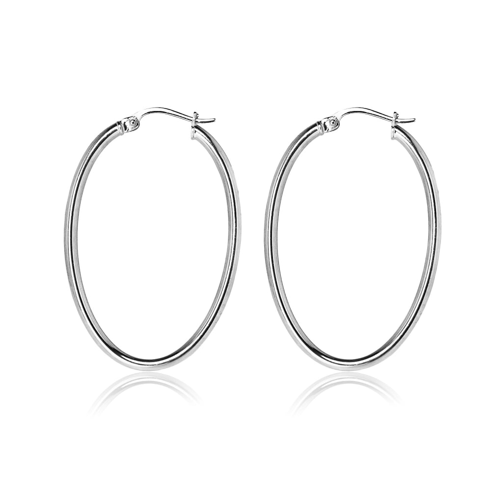 Sterling Silver 2x35mm Diamond-Cut Oval Hoop Earrings-3