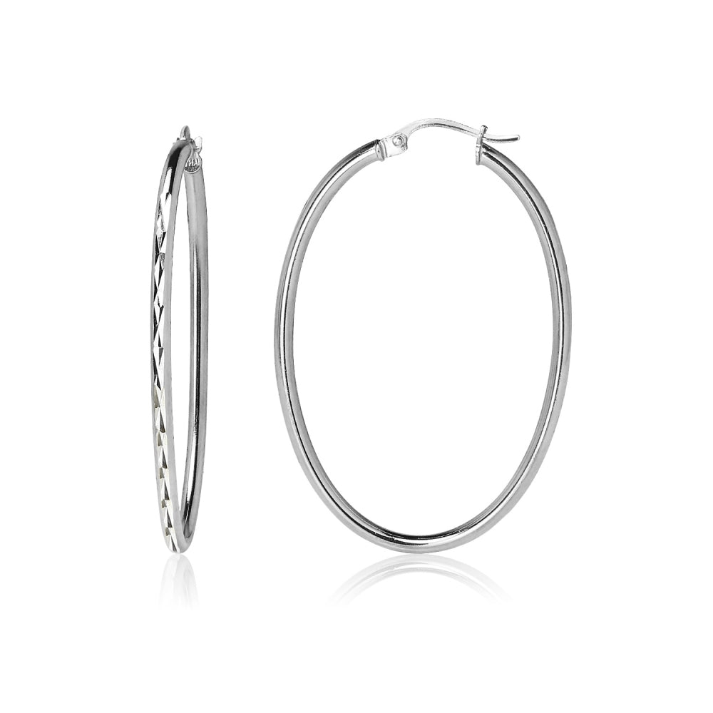 Sterling Silver 2x40mm Diamond-Cut Oval Hoop Earrings