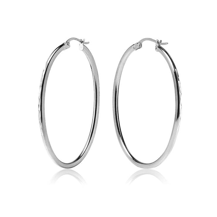 Sterling Silver 2x40mm Diamond-Cut Oval Hoop Earrings