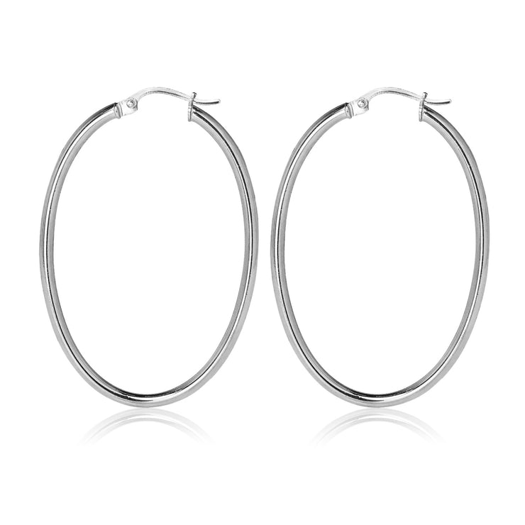 Sterling Silver 2x40mm Diamond-Cut Oval Hoop Earrings